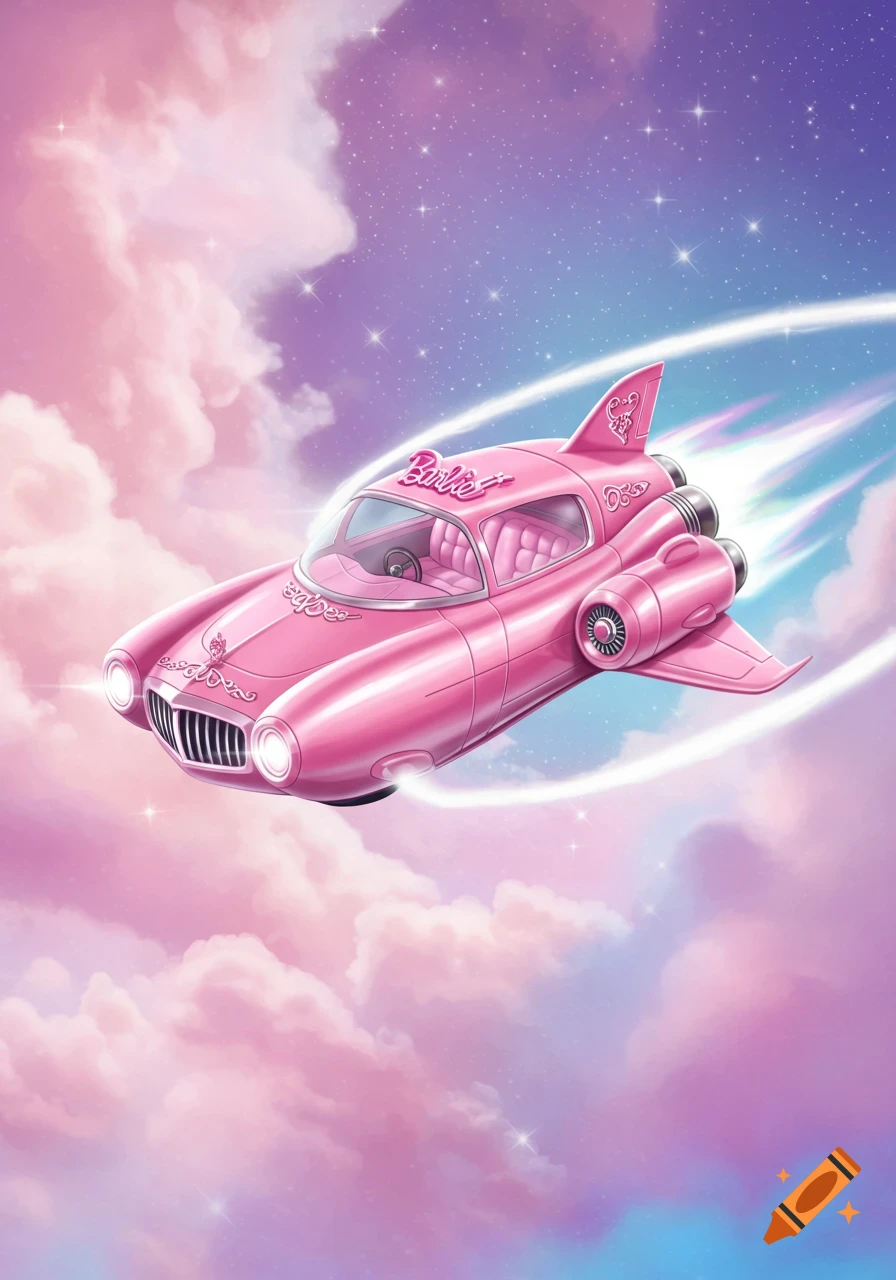 A pink, retro-futuristic spaceship with 'Barbie' written on it, flying through a pastel sky filled with clouds and stars.