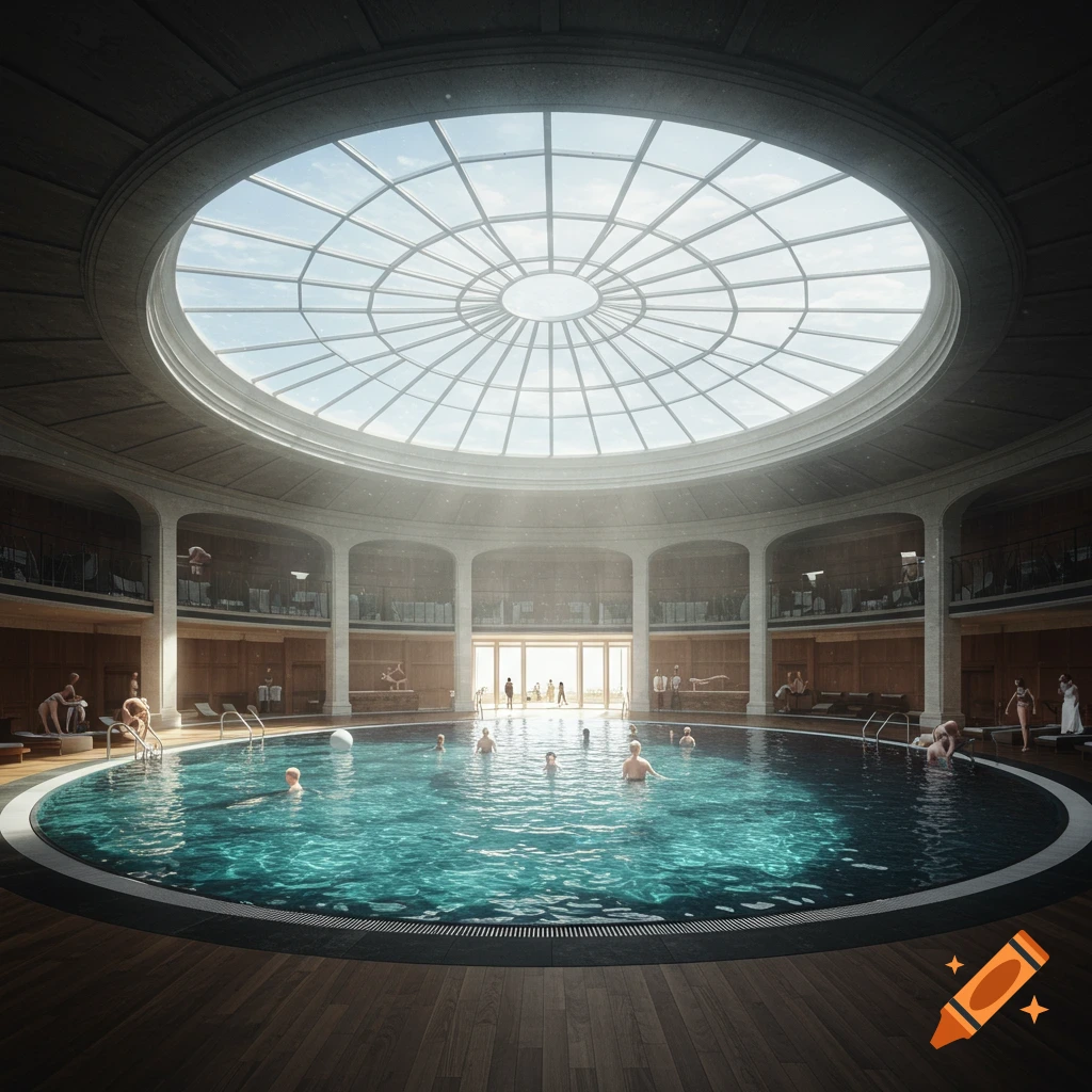 A large, circular indoor swimming pool with a grand skylight above. People swim and relax around the pool in a luxurious, columned room.