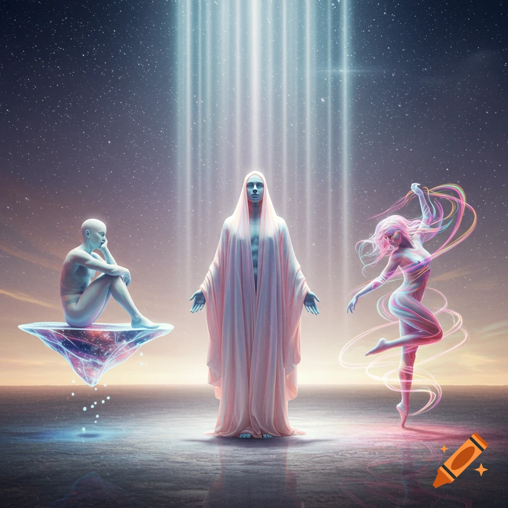 Three ethereal figures, one seated on a floating crystal, one robed, and one dancing, beneath light beams in a starry cosmic landscape.