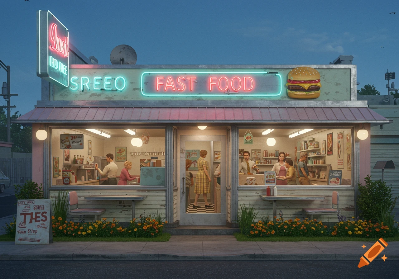 A retro fast food diner with neon signs and a large hamburger at dusk, bustling with people inside, in a Wes Anderson film aesthetic.