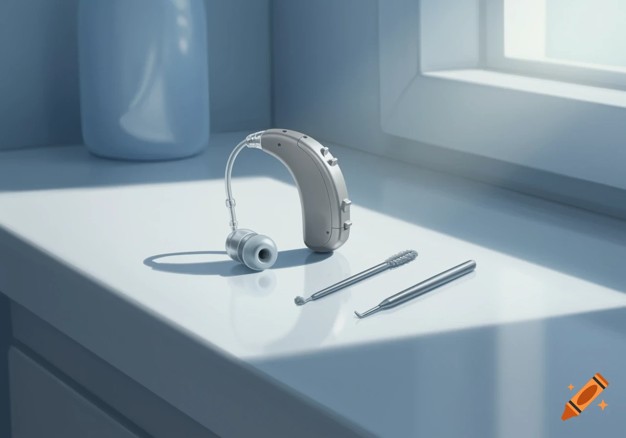 A beige hearing aid and two silver cleaning tools rest on a white surface bathed in sunlight from a nearby window.