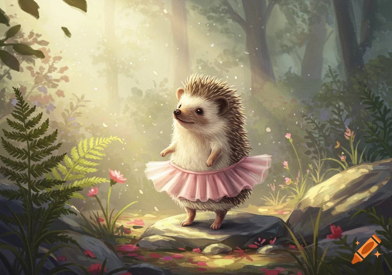 A whimsical illustration of a cute hedgehog in a pink tutu standing on a rock in a bright, magical forest.