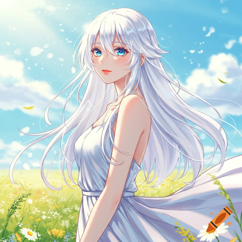 Anime-style portrait of a beautiful woman with long white hair and blue eyes, wearing a white sundress in a sunny field.
