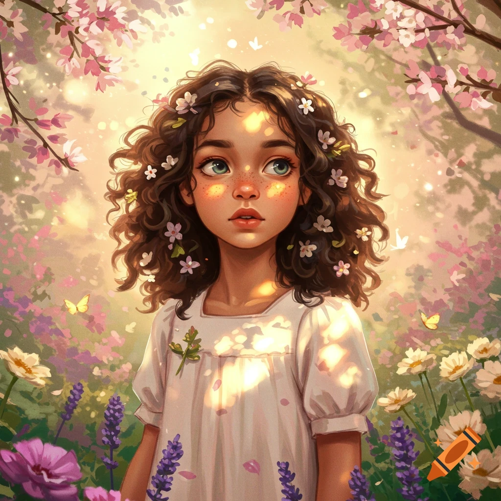 An artistic illustration of a young girl with curly brown hair and flowers in her hair, looking up in a sunny flower field.