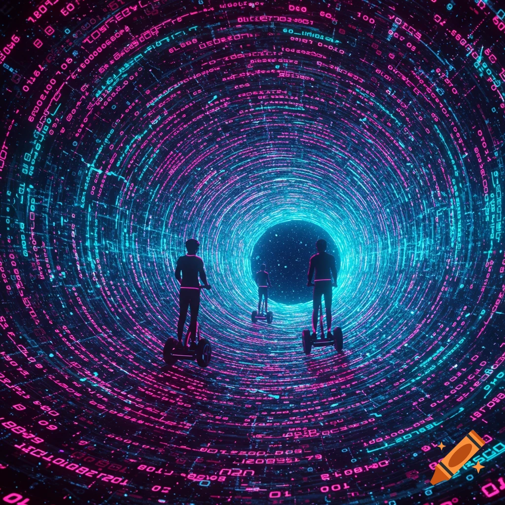 An illustration of three silhouetted figures on segways moving through a vibrant, glowing tunnel made of blue and pink digital code.
