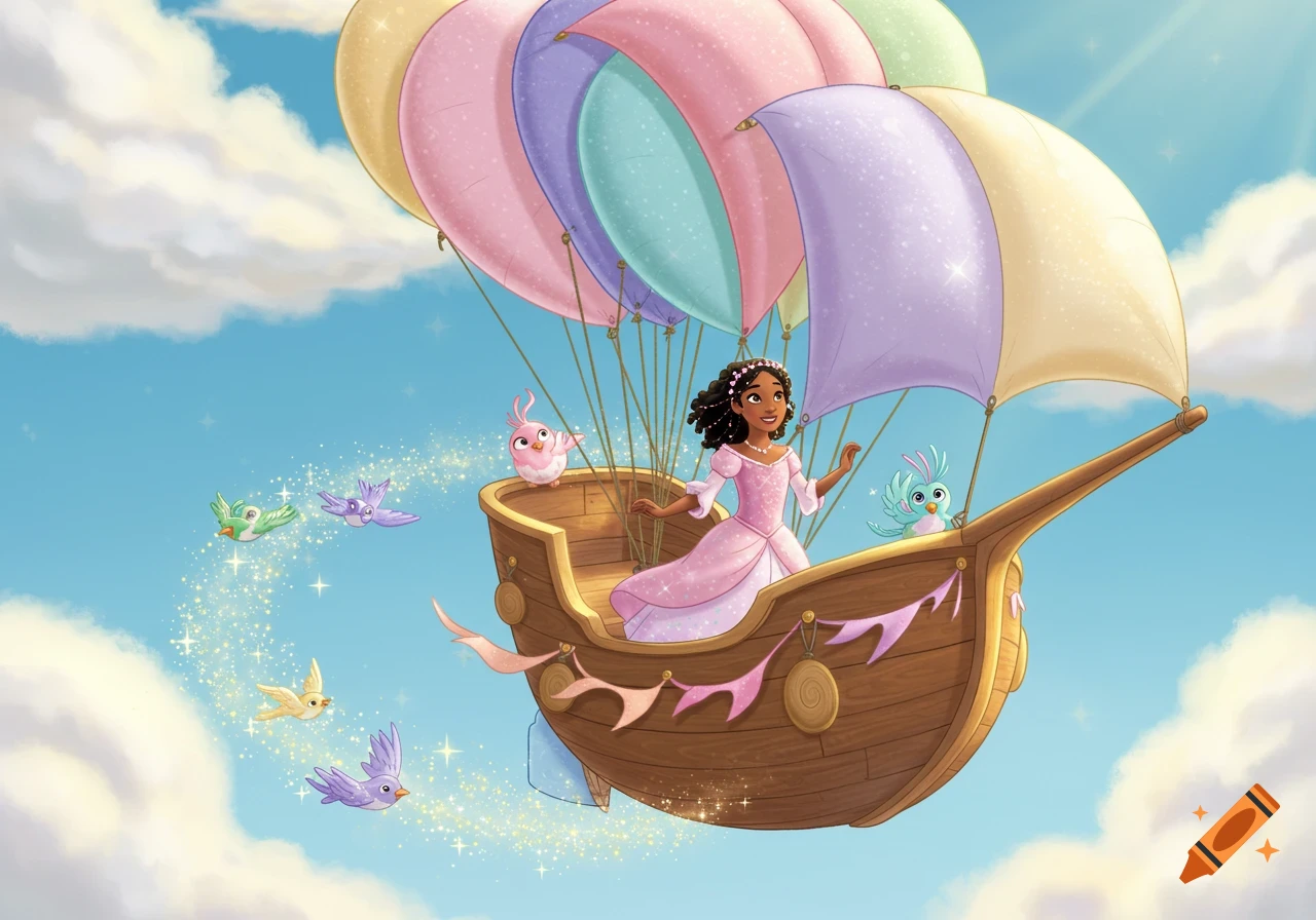 Storybook illustration of an African-American princess in a sky ship with balloon sails, soaring over clouds with birds and sparkles.