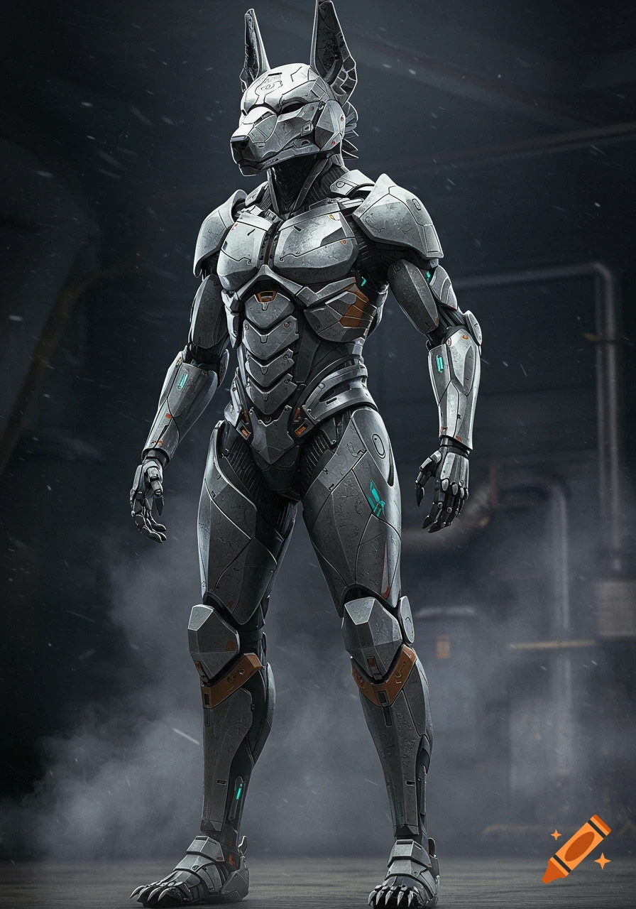 A full-body shot of a humanoid robot with a jackal-like head and geometric, industrial silver armor standing in a dark, smoky setting.