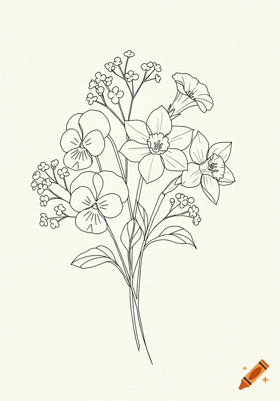 Line art bouquet with violets, narcissus, morning glory, and baby's breath on a textured background.