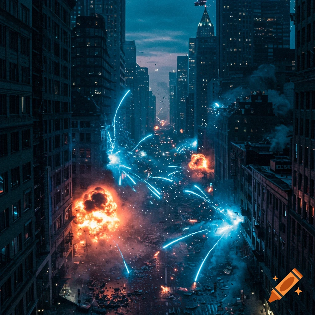 A photorealistic, cinematic image of a city street at night engulfed in blue plasma attacks and orange explosions.