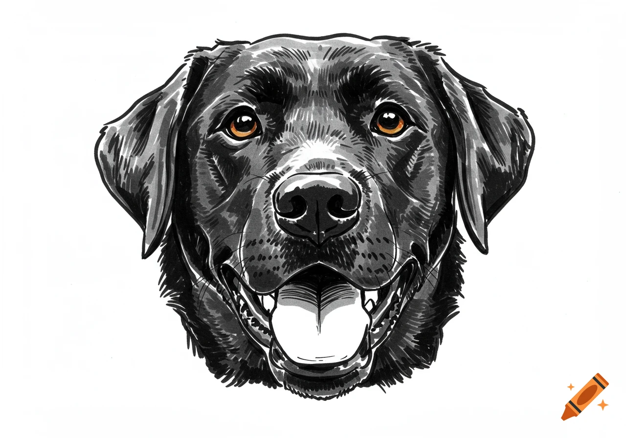 A close-up, black marker drawing of a black Labrador Retriever's smiling face with orange eyes on a white background.