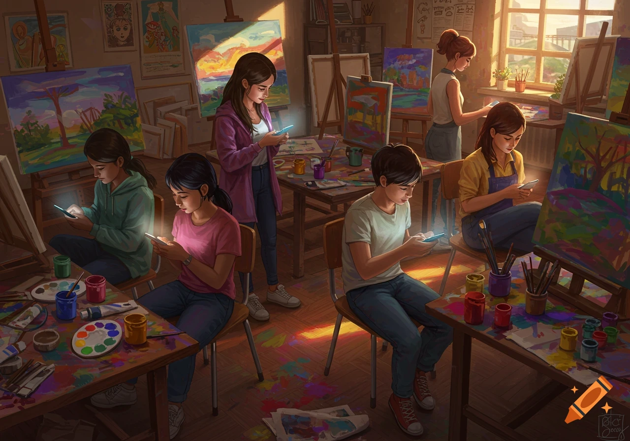 Illustration of high school students in an art class, engrossed in their glowing phones instead of their paintings. The room is filled with easels, canvases, and art supplies.