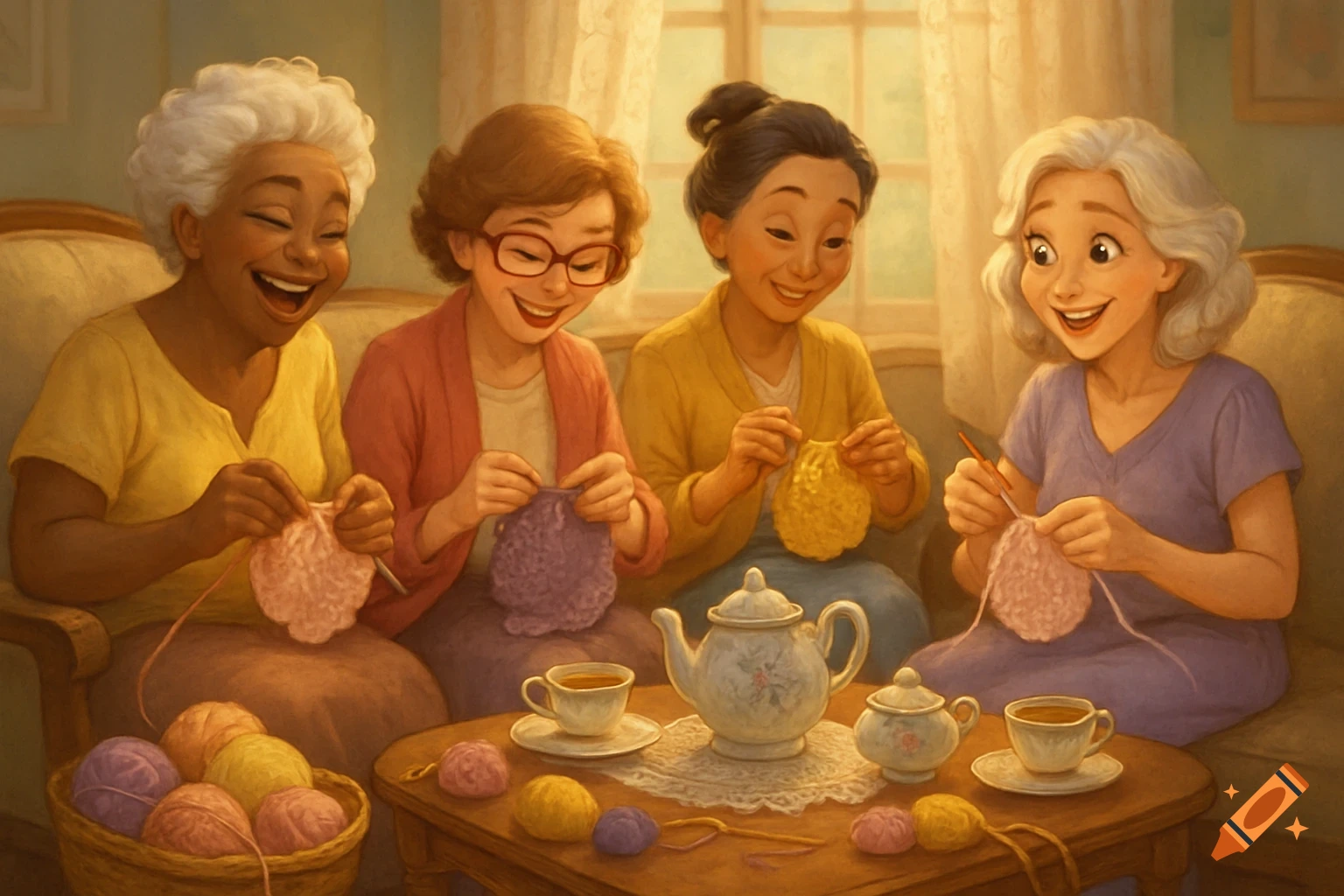 Four diverse, smiling women in a Disney animation style are gathered around a table, knitting and having tea.