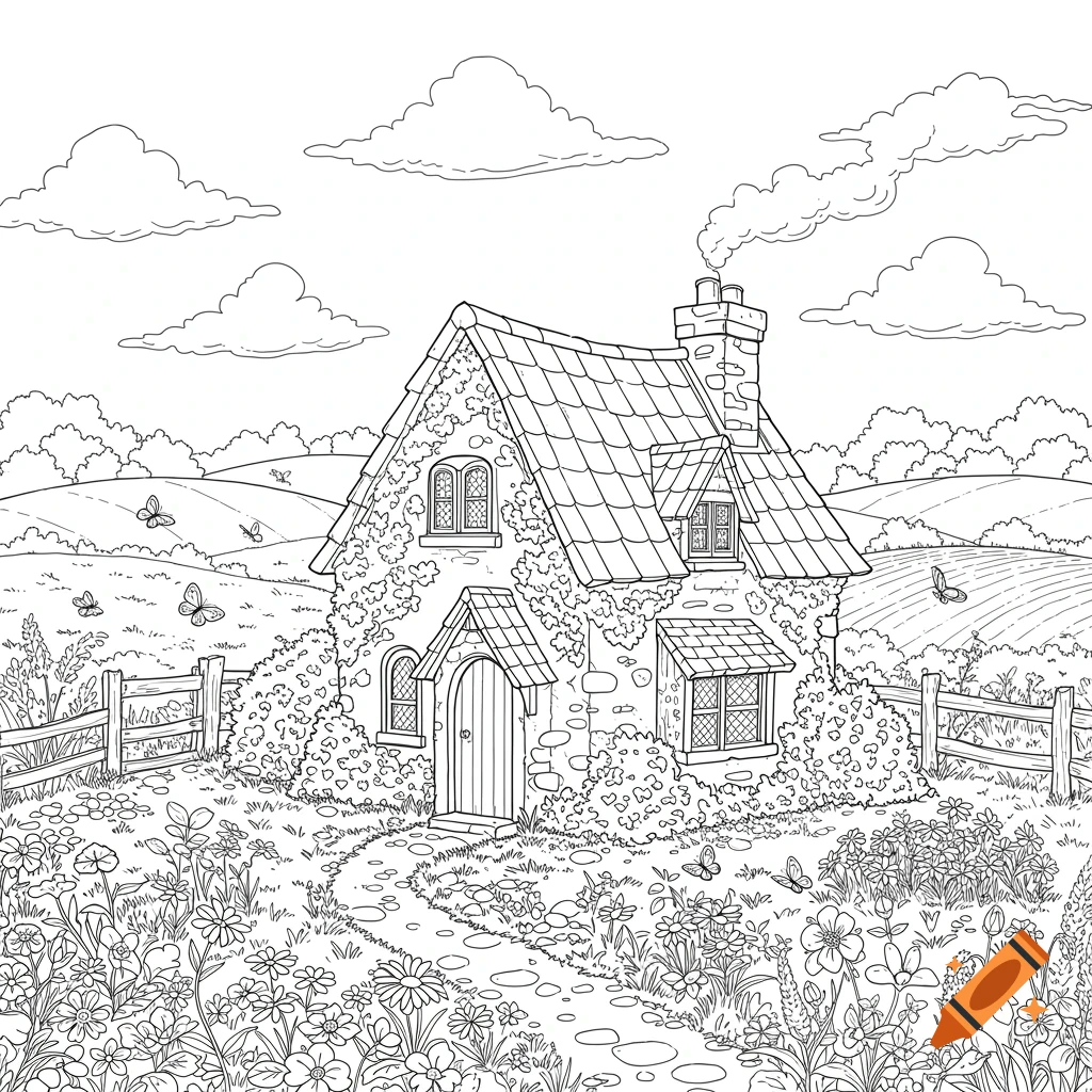 Black and white line art of a whimsical cottage in a flower meadow with rolling hills, like a coloring page.