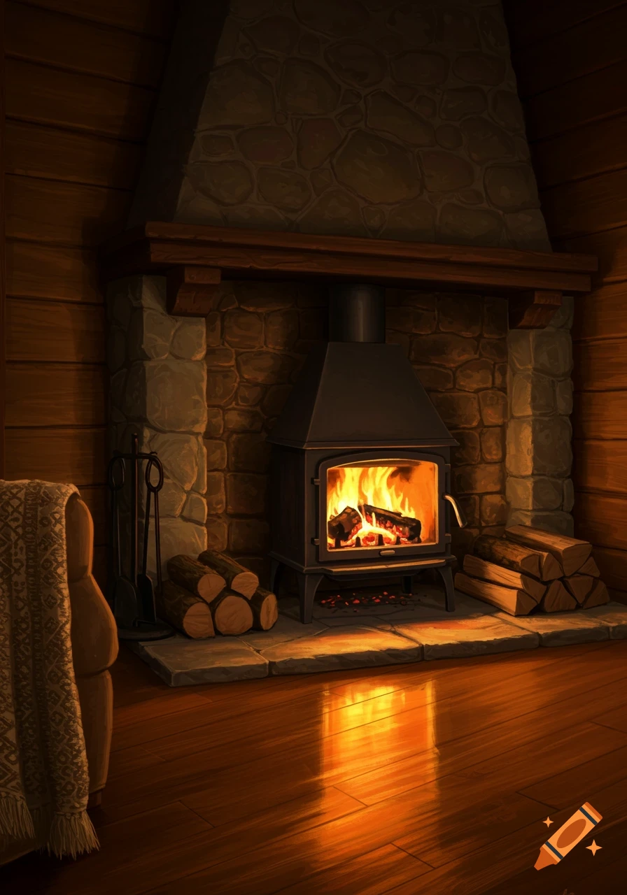 A cozy illustration of a wood-burning stove with a crackling fire in a stone and wood fireplace, illuminating a wooden floor and stacked logs.
