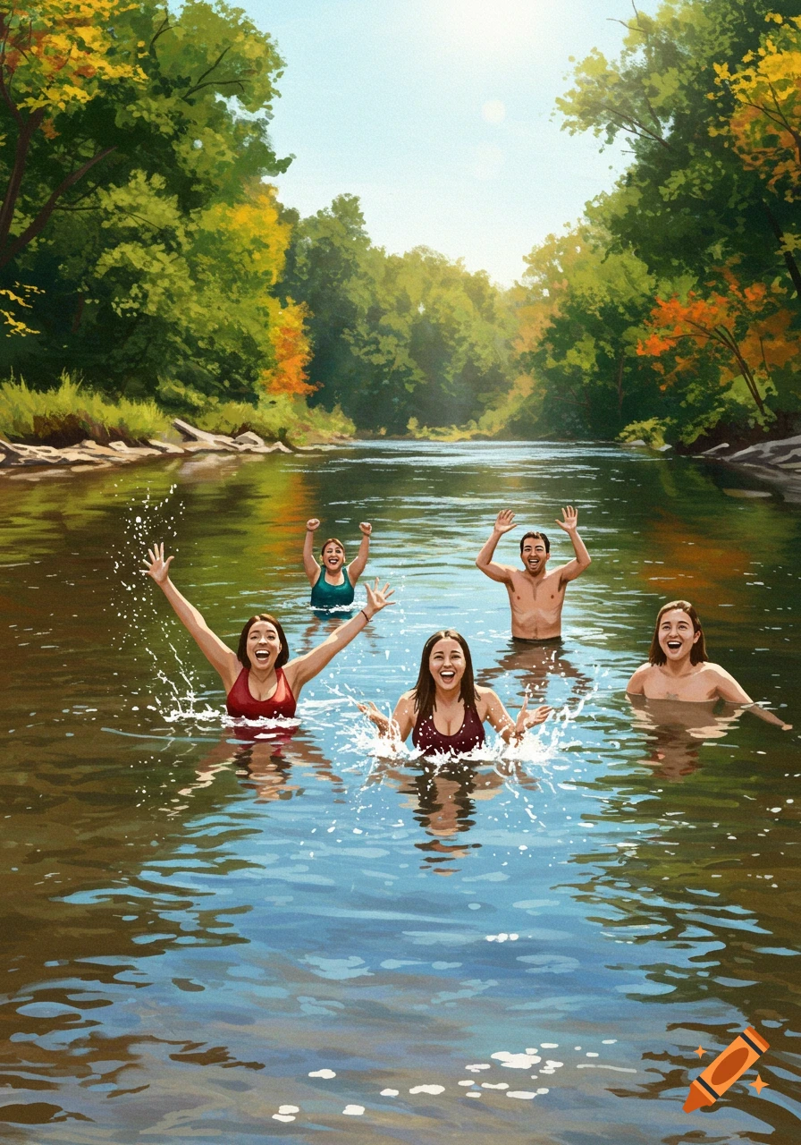 Five happy people are swimming and splashing in a clear river, surrounded by lush green and autumnal trees along the banks. The water reflects the bright sky.