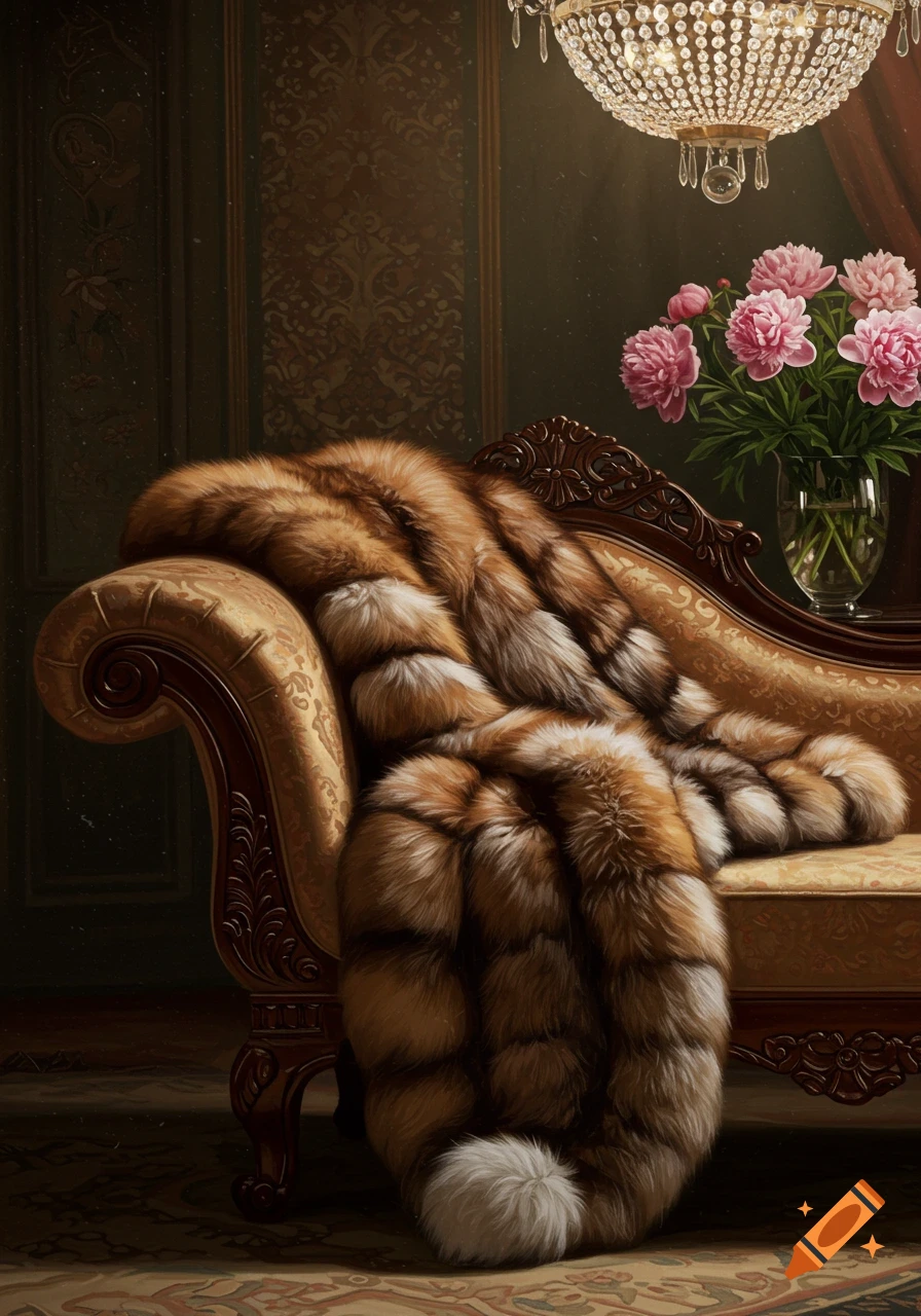 A luxurious chaise lounge covered with a brown fur blanket, next to a vase of pink peonies, under a sparkling chandelier.