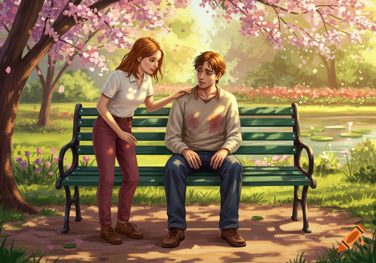 An illustration of a woman comforting a man sitting on a park bench under cherry blossoms.