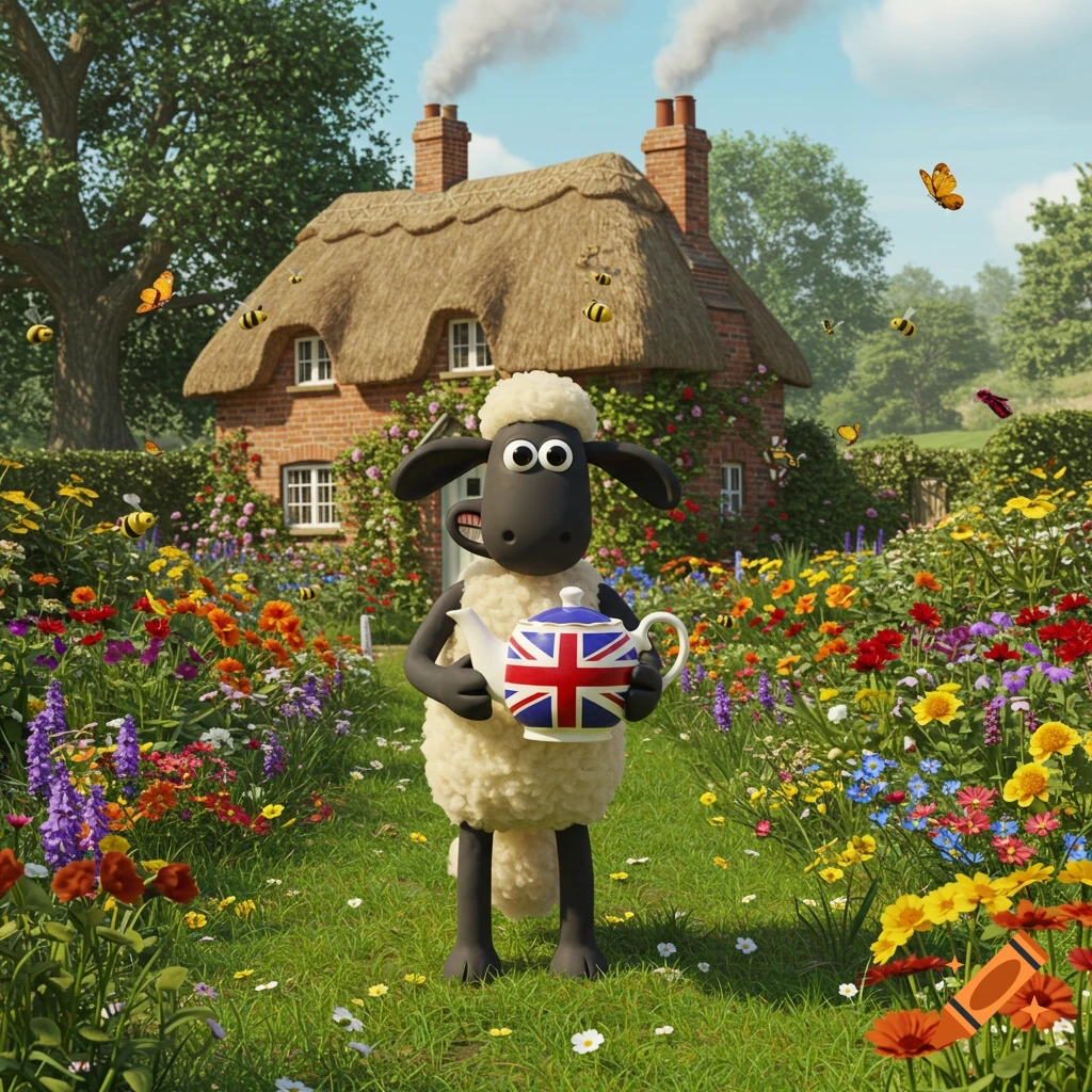 Shaun the Sheep stands in a sunny, colorful garden with a thatched cottage, holding a teapot with a Union Jack flag.