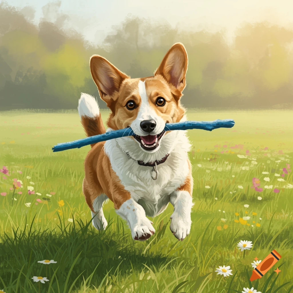 A happy corgi dog runs through a sunlit green field with a blue stick in its mouth.