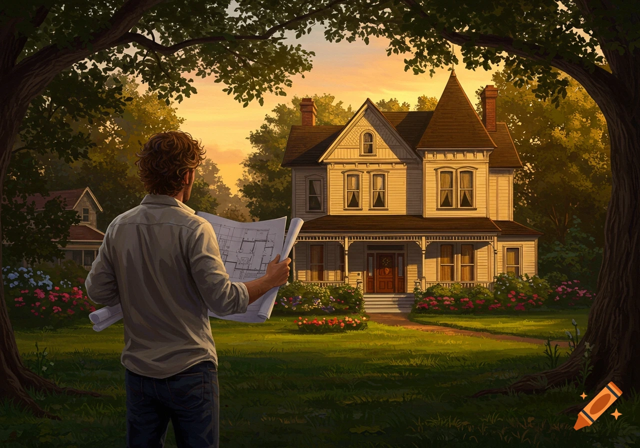 A man stands with his back to the viewer, holding blueprints, and looking at a grand house with a porch and garden at sunset.