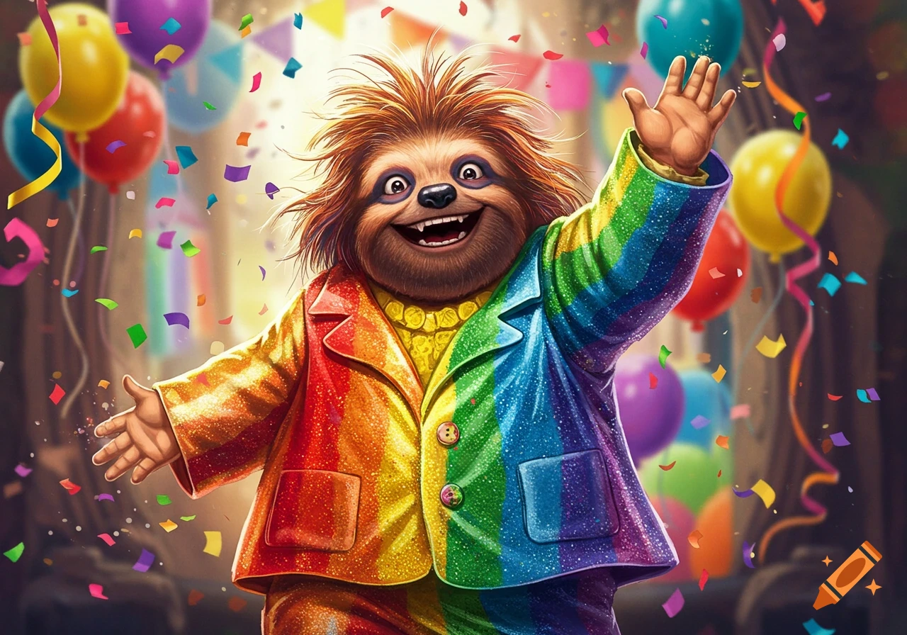 A happy, shaggy, sloth-like character in a sparkly rainbow suit smiles and waves, surrounded by colorful balloons and falling confetti.