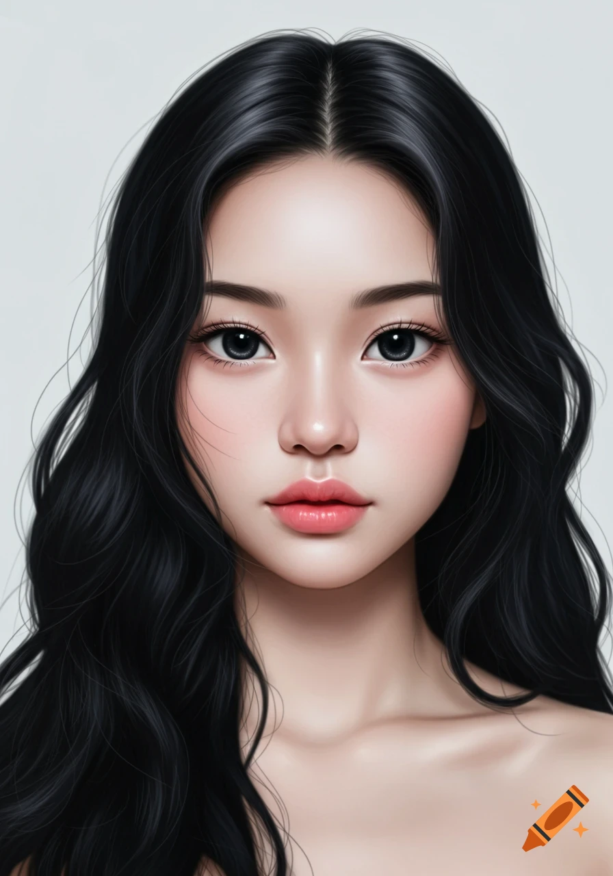 A close-up portrait of a young woman with long dark hair and large, dark eyes, rendered with realistic yet anime-like features.