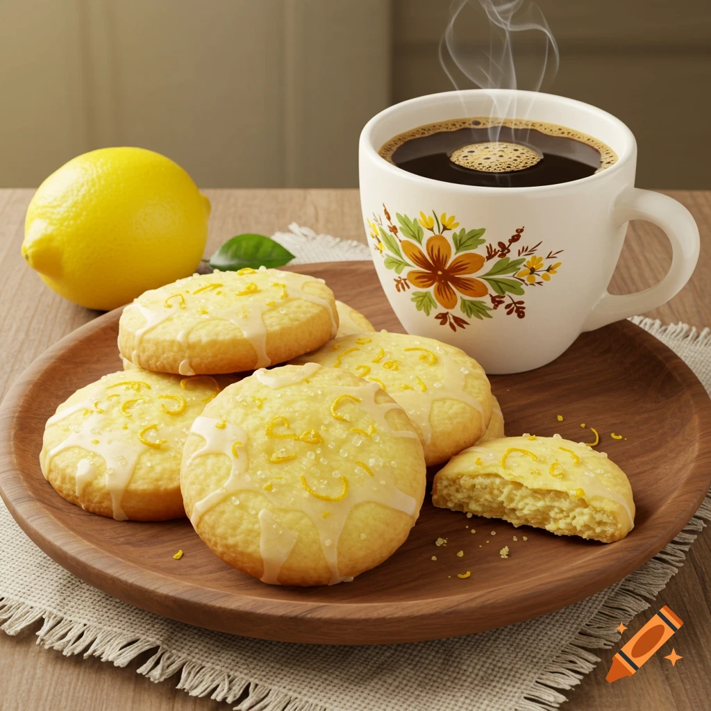Lemon shortbread cookies with icing and zest on a wooden tray with a lemon and a steaming mug of coffee.