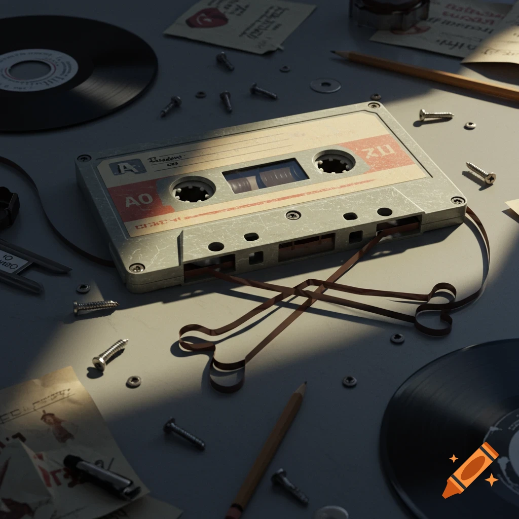 A detailed still life photo of a vintage cassette tape with its magnetic tape unwound into the shape of crossbones, surrounded by old vinyl records, screws, pencils, and papers, illuminated by a strong, directional light source.