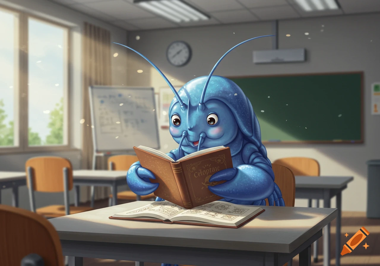 A cartoon blue lobster intently reads a book at a desk in a bright classroom.