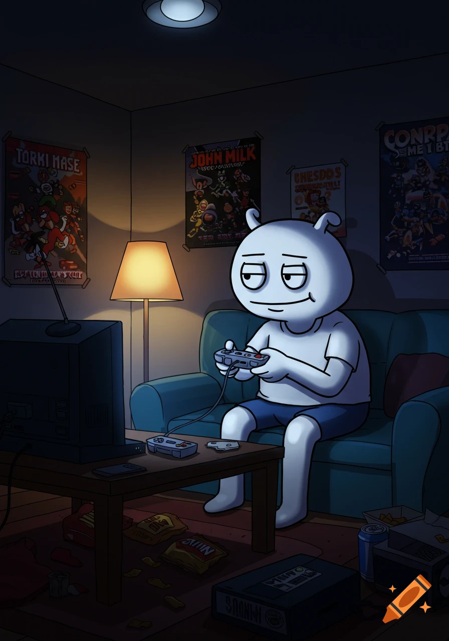 A white cartoon character resembling a Reddit alien plays video games on a CRT TV in a dimly lit room with game posters and snacks.