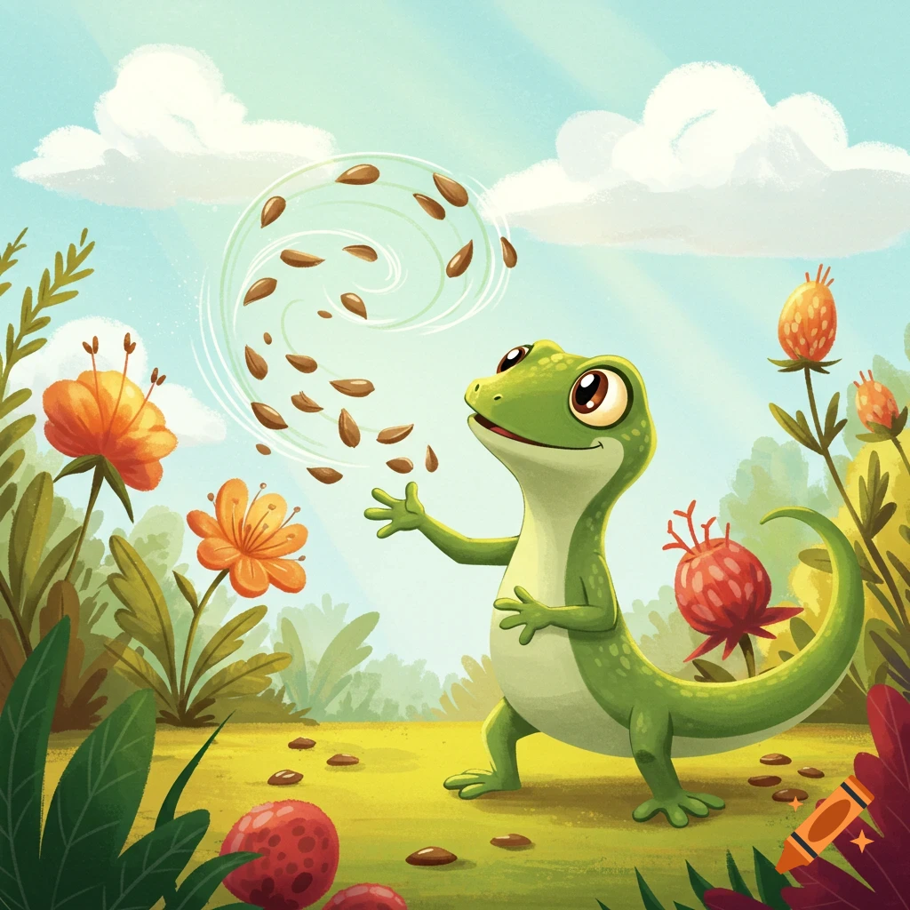 A cartoon green lizard throwing seeds into a swirling pattern in a sunny field with flowers.