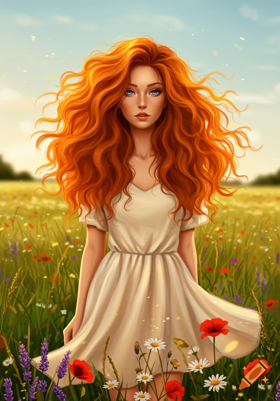 A beautiful ginger woman with long, flowing orange hair stands in a vibrant field of wildflowers under a bright sky, digital art style.