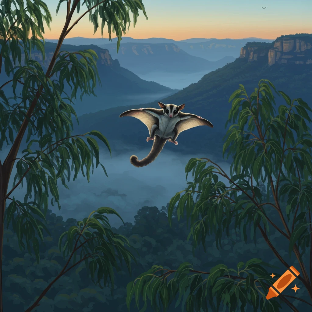 A sugar glider glides between eucalyptus trees with misty blue mountains in the background at dawn.