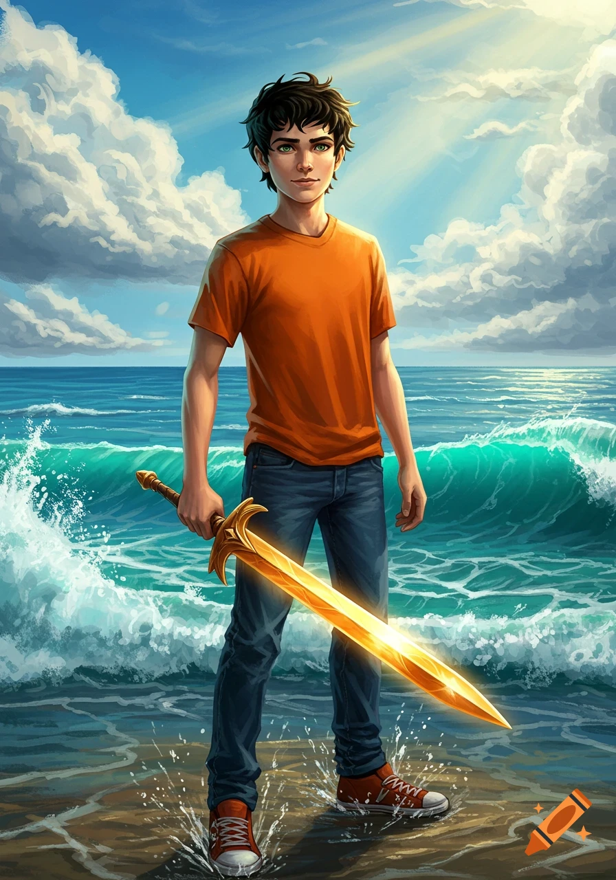 A young man like Percy Jackson stands in the ocean with a glowing golden sword under a bright, cloudy sky.