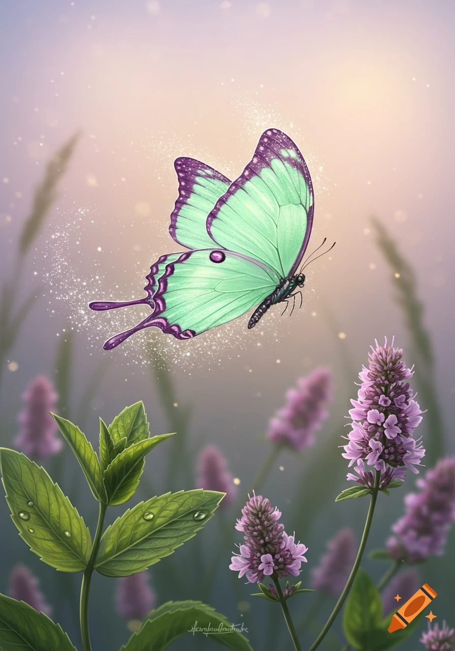 A mint green and purple butterfly with sparkling dust flies over purple flowers and green leaves with water droplets in a soft, dreamy style.