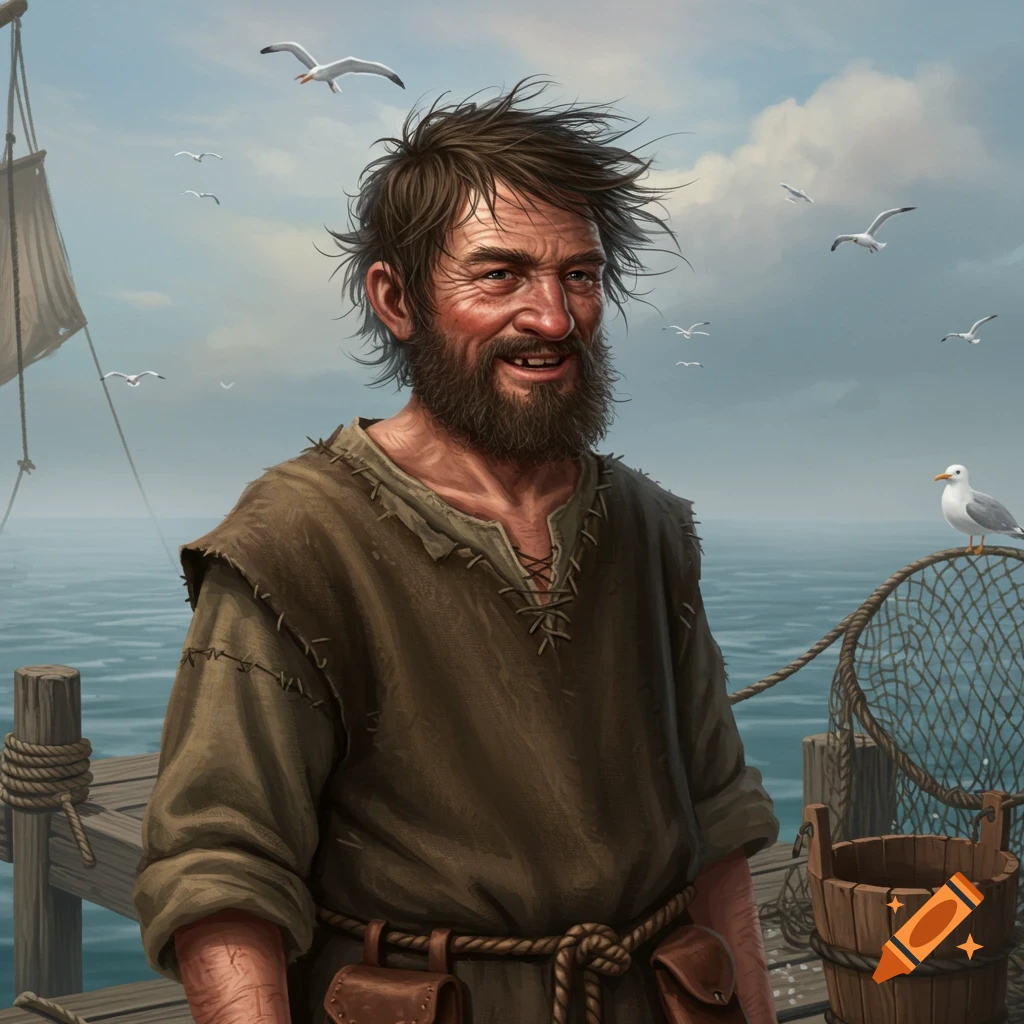 A bearded man with messy hair and missing teeth stands smiling on a wooden dock by the sea with seagulls flying, illustrated in a realistic style.