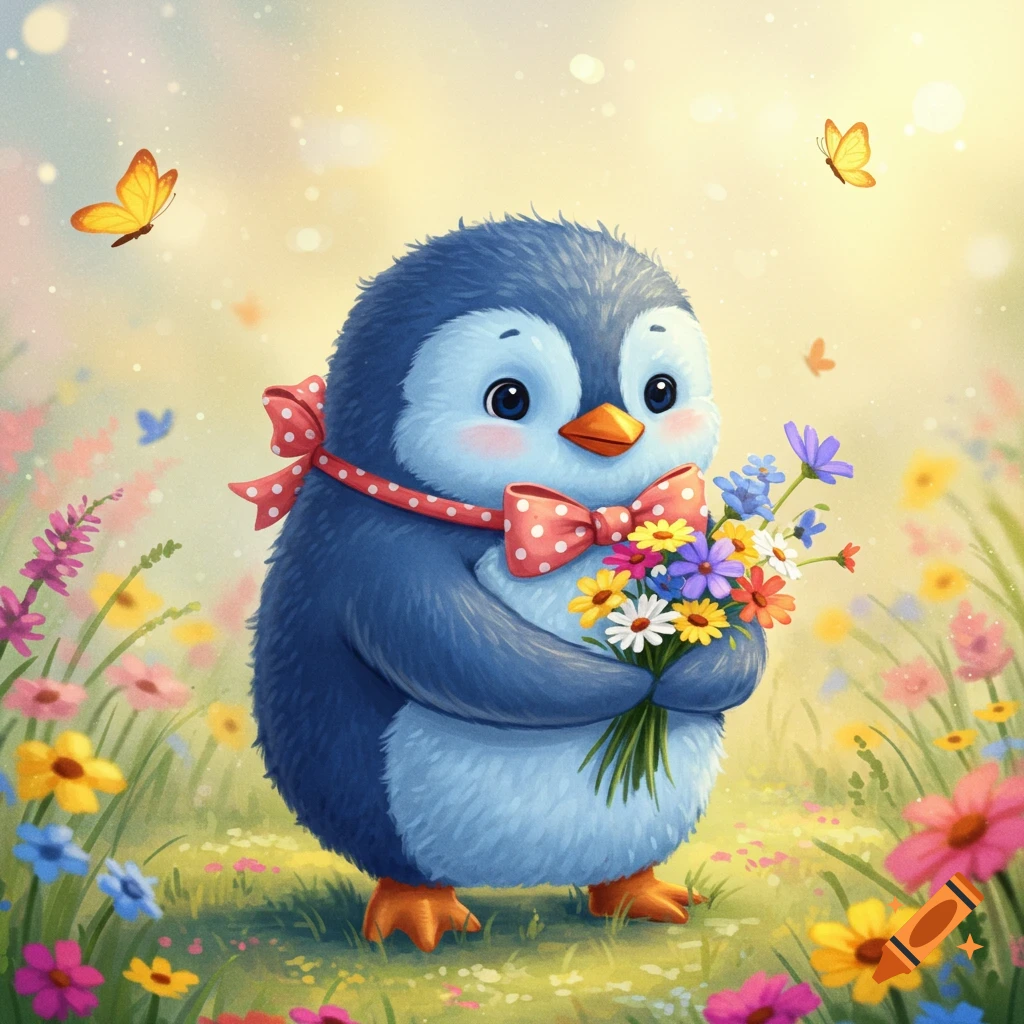 A cute blue penguin wearing a red polka dot bow tie, holding a bouquet of colorful flowers in a bright, sunny field with butterflies.