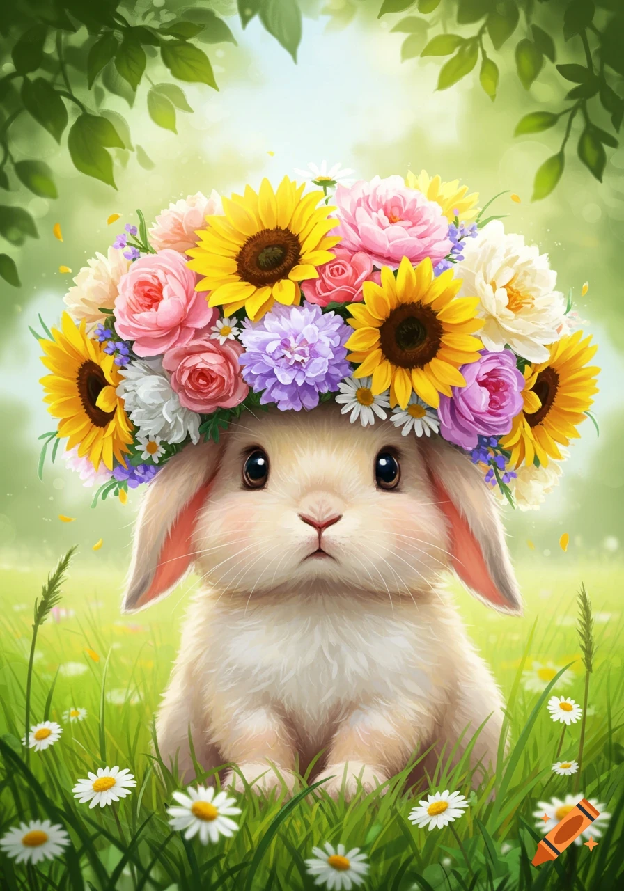 A cute fluffy bunny wearing a large crown of colorful sunflowers, roses, and daisies in a sunny grassy field.
