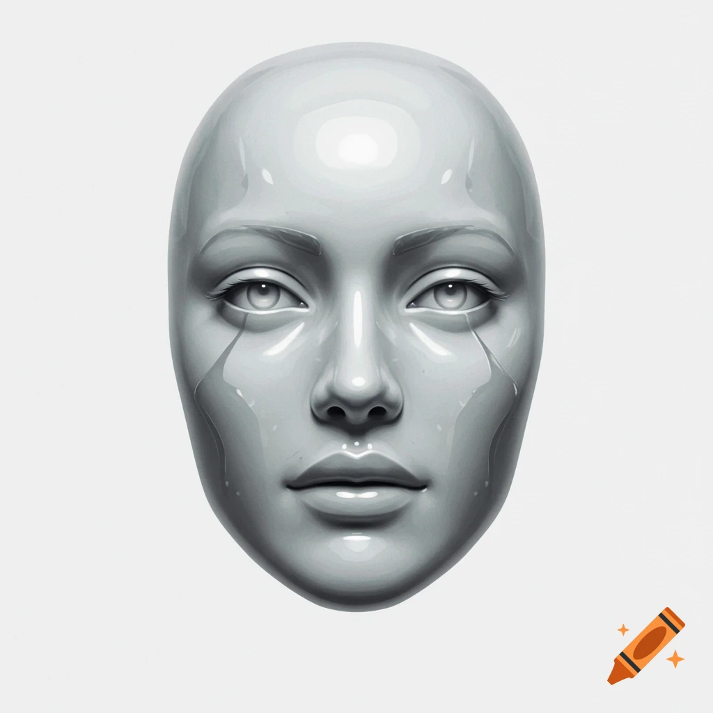 A smooth, white, stylized female face resembling a mannequin or statue, with glossy streaks, on a white background.