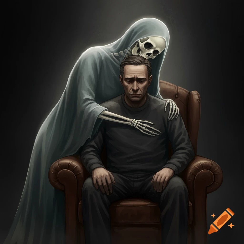 A sad man sits in a chair in a dark room, while a ghostly skeletal figure in a hooded shroud embraces him from behind.
