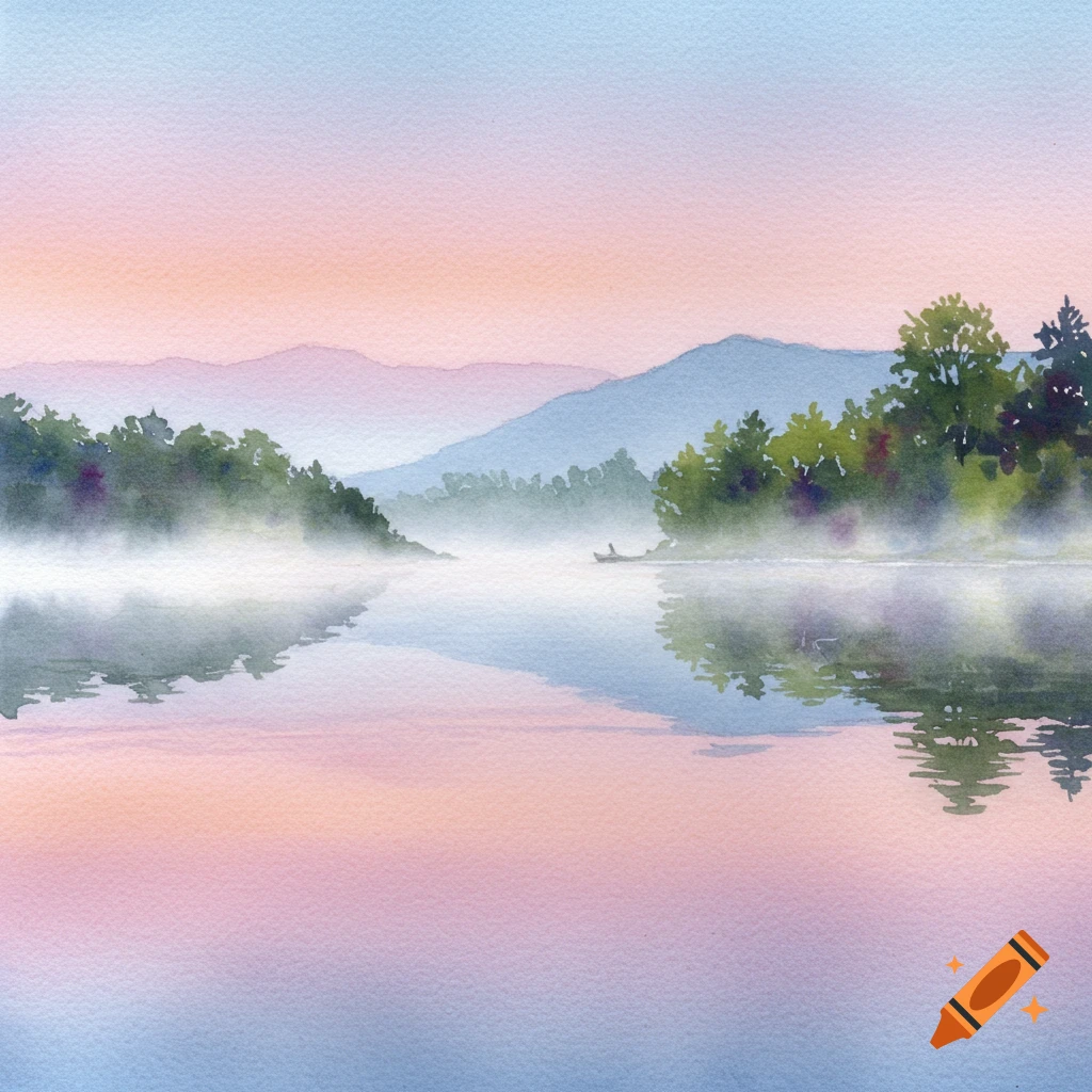 Watercolor painting of a misty lake at sunrise with mountains, trees, and a lone boat.