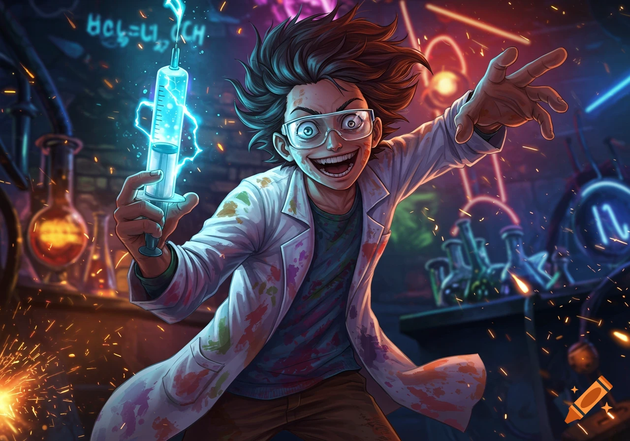 A wide-eyed crazy anime scientist in a paint-splattered lab coat, holding a glowing syringe and reaching out, in a vibrant, chaotic laboratory.