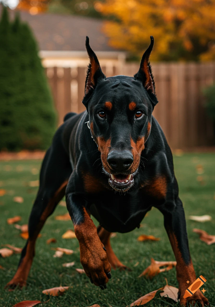 A black and tan Doberman pinscher dog with cropped ears lunges forward on a green grassy lawn with autumn leaves.