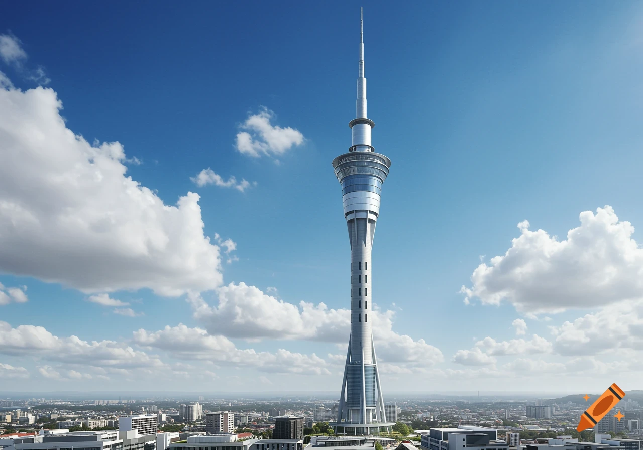 A tall, slender Sky Tower stands against a bright blue sky with white clouds, overlooking a cityscape.