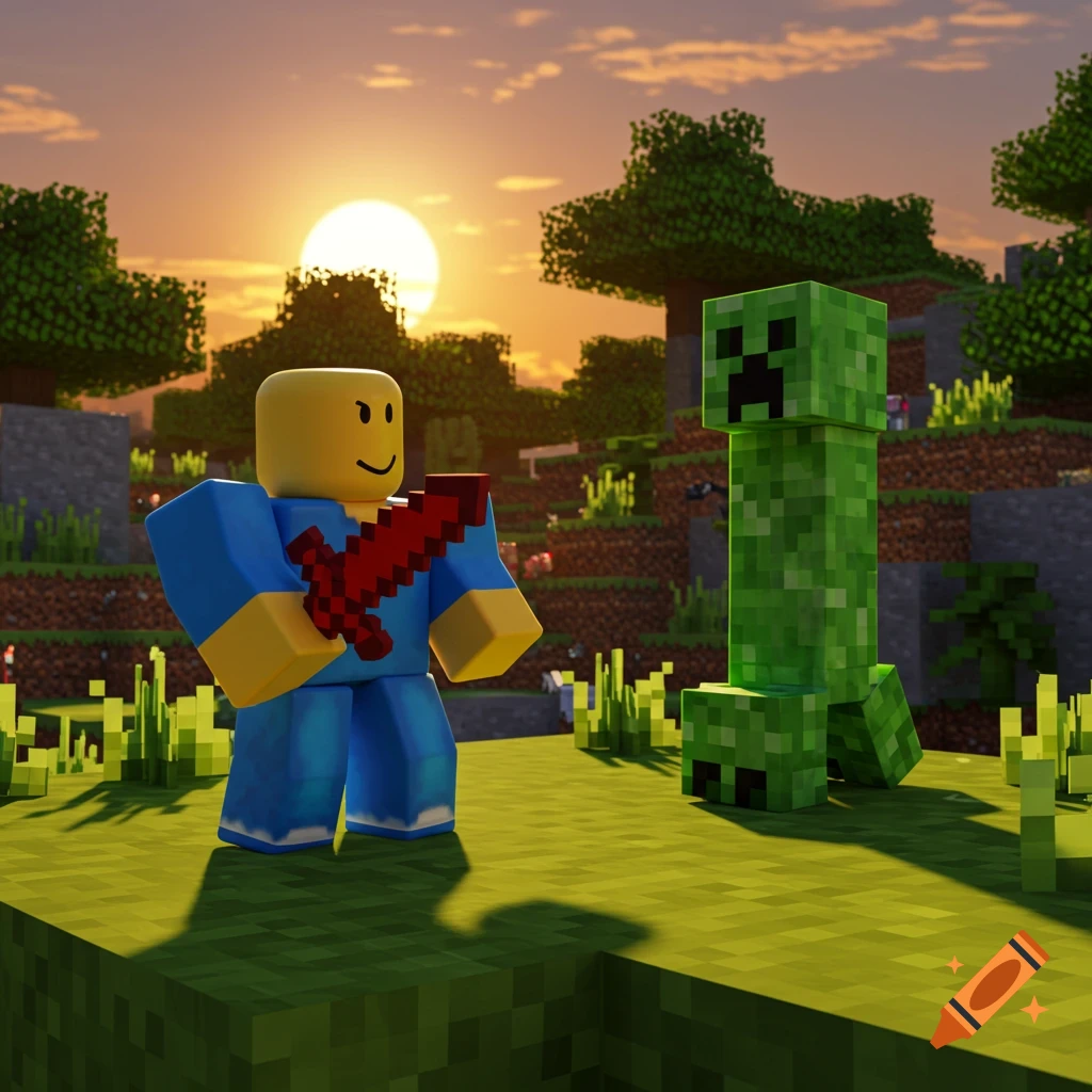 A Roblox noob with a red sword stands on grass, facing a Minecraft Creeper in a blocky landscape at sunset.