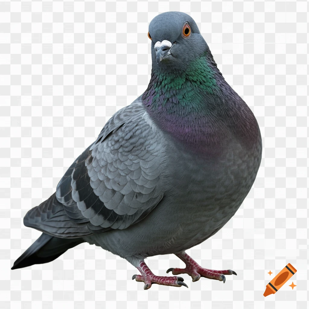 A photorealistic grey pigeon with iridescent green and purple neck feathers stands on a transparent background.