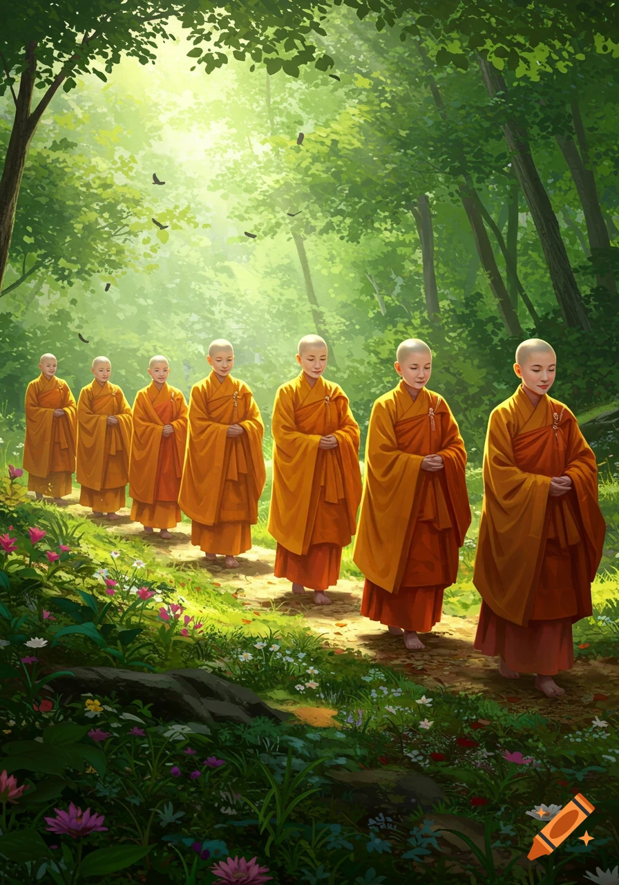 Buddhist nuns in yellow-orange robes walk in a line along a path through a sun-dappled green forest.