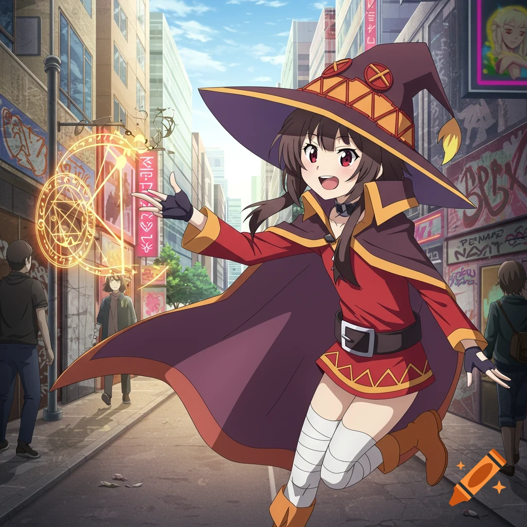 Anime character Megumin in her witch outfit running through a bustling city street, casting a glowing magic spell.
