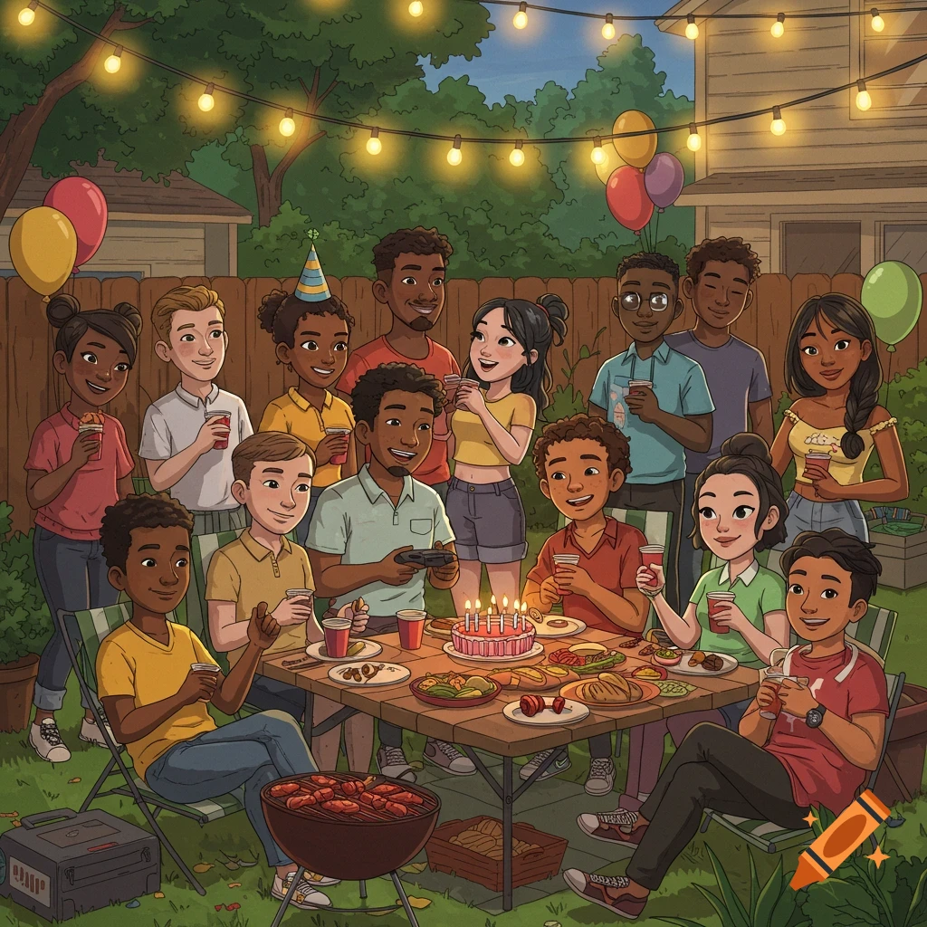 A group of diverse young adults and teens in Disney cartoon style enjoying a backyard birthday BBQ party with food, drinks, and a cake.