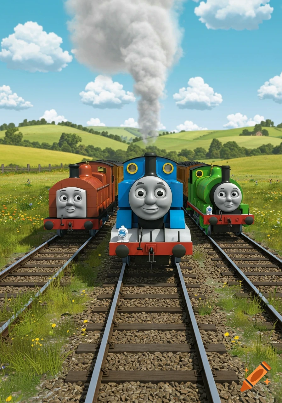 Thomas the Tank Engine, Percy, and another train on parallel tracks in a lush green countryside under a blue sky.